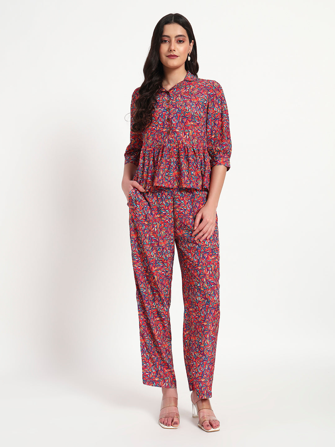 Crimson Bloom Peplum Co-ord Set with Pockets