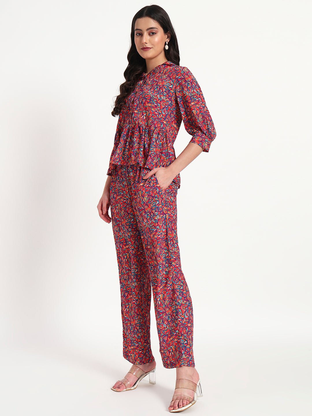 Crimson Bloom Peplum Co-ord Set with Pockets