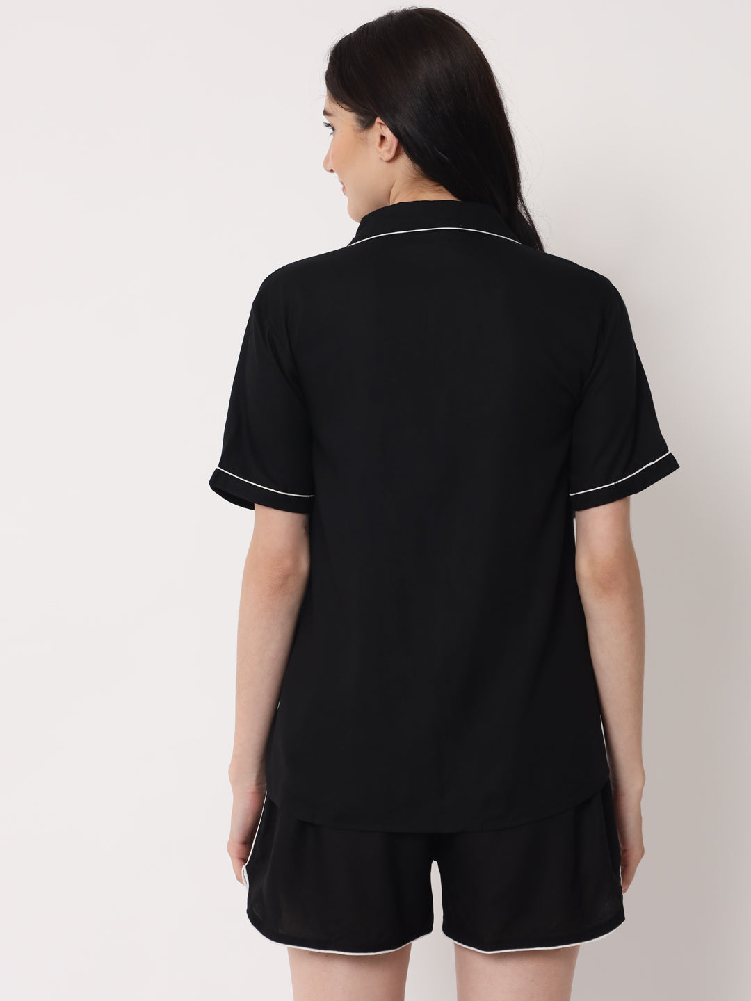 Black - Collared Solid Shirt and Shorts Set