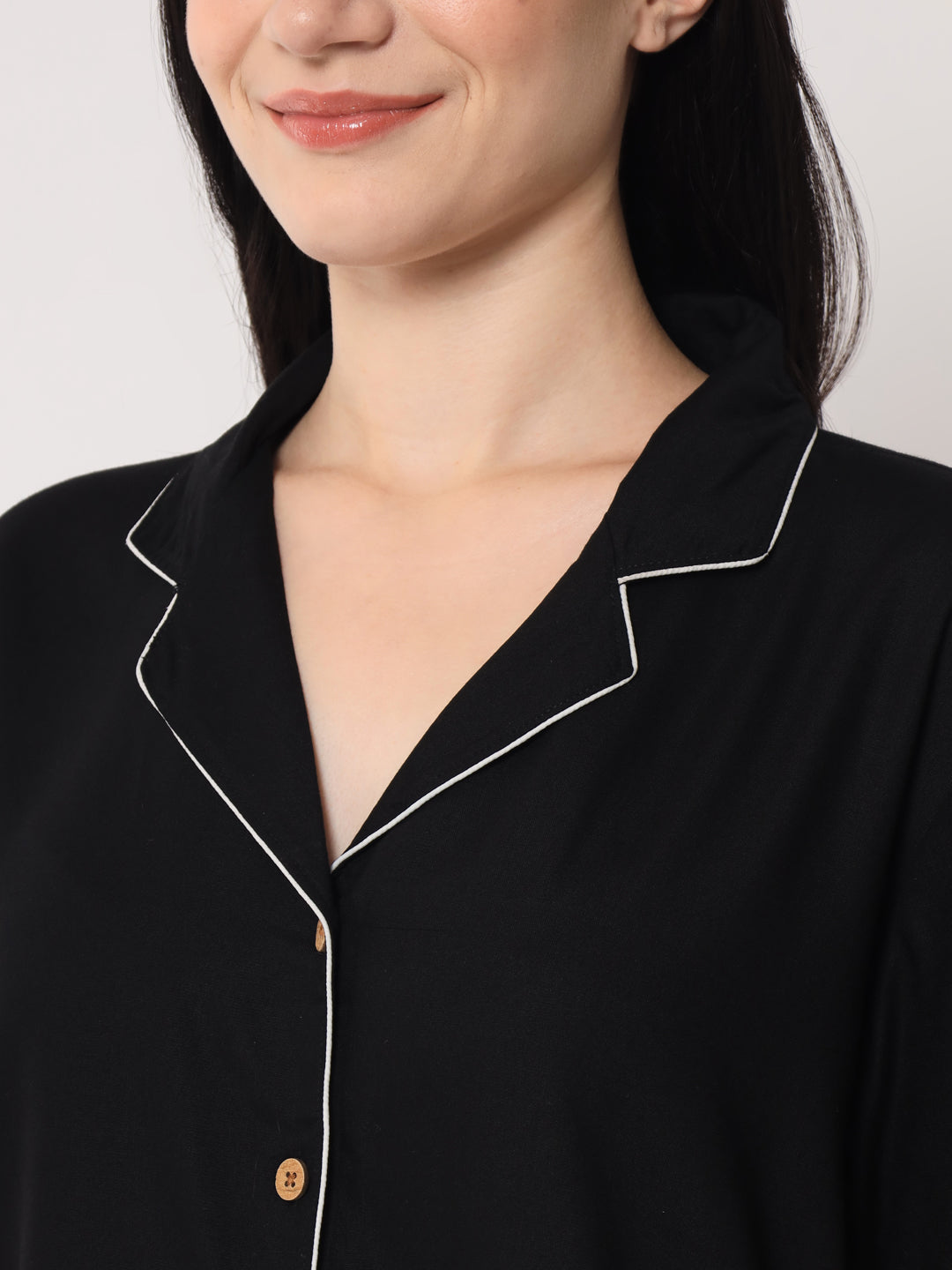 Black - Collared Solid Shirt and Shorts Set
