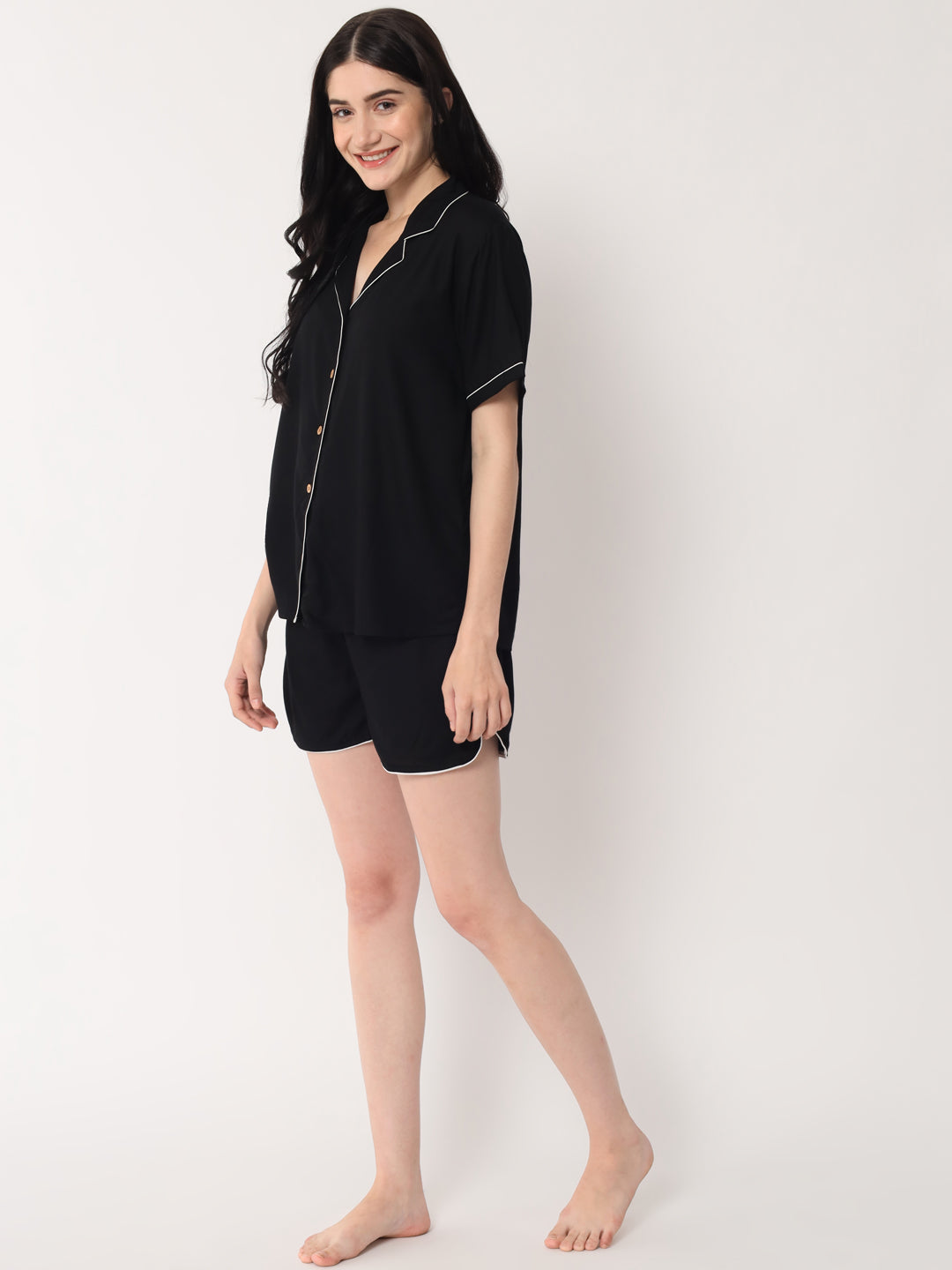 Black - Collared Solid Shirt and Shorts Set