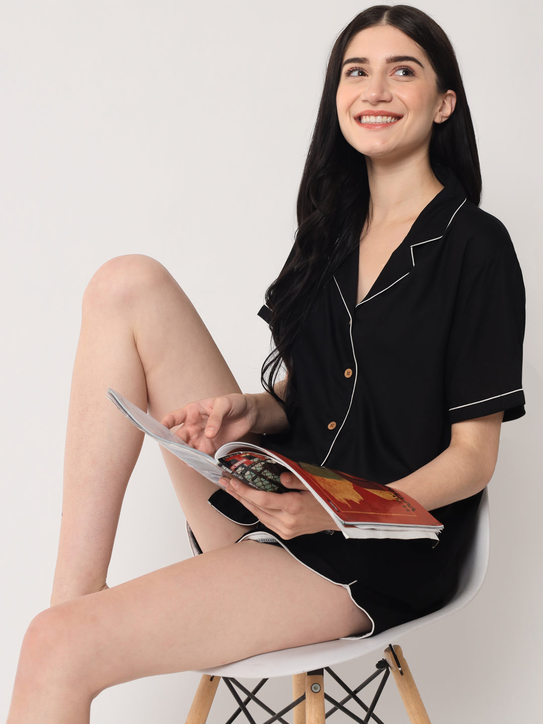 Black - Collared Solid Shirt and Shorts Set