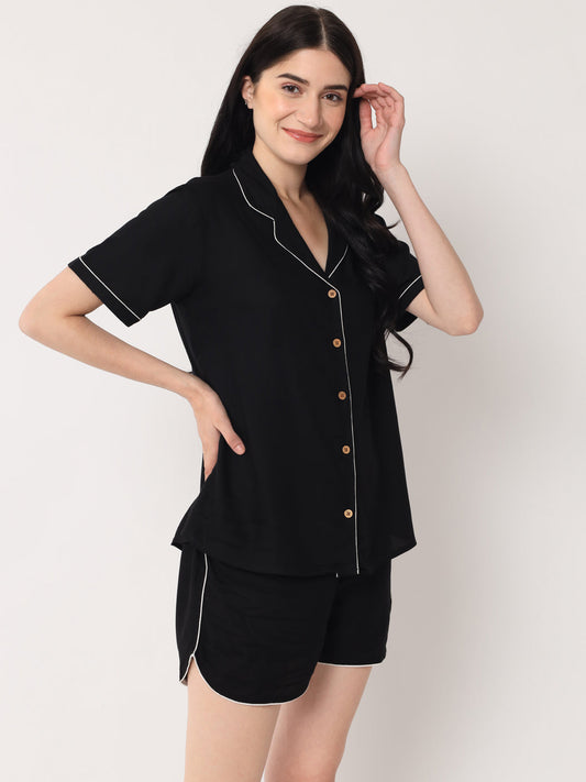 Black - Collared Solid Shirt and Shorts Set