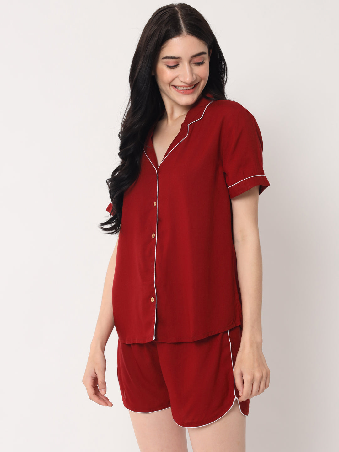 Maroon - Collared Solid Shirt and Shorts Set