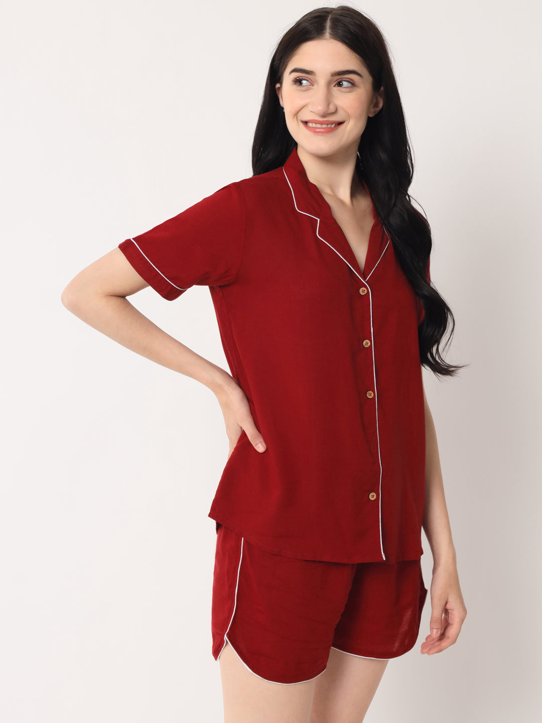 Maroon - Collared Solid Shirt and Shorts Set