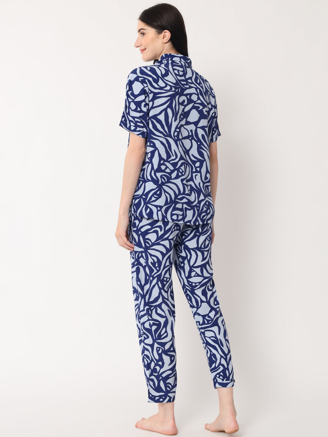Indigo Blue Printed - Collared Shirt and Long Pajama Set