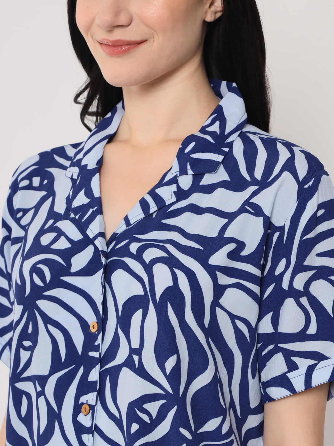 Indigo Blue Printed - Collared Shirt and Long Pajama Set