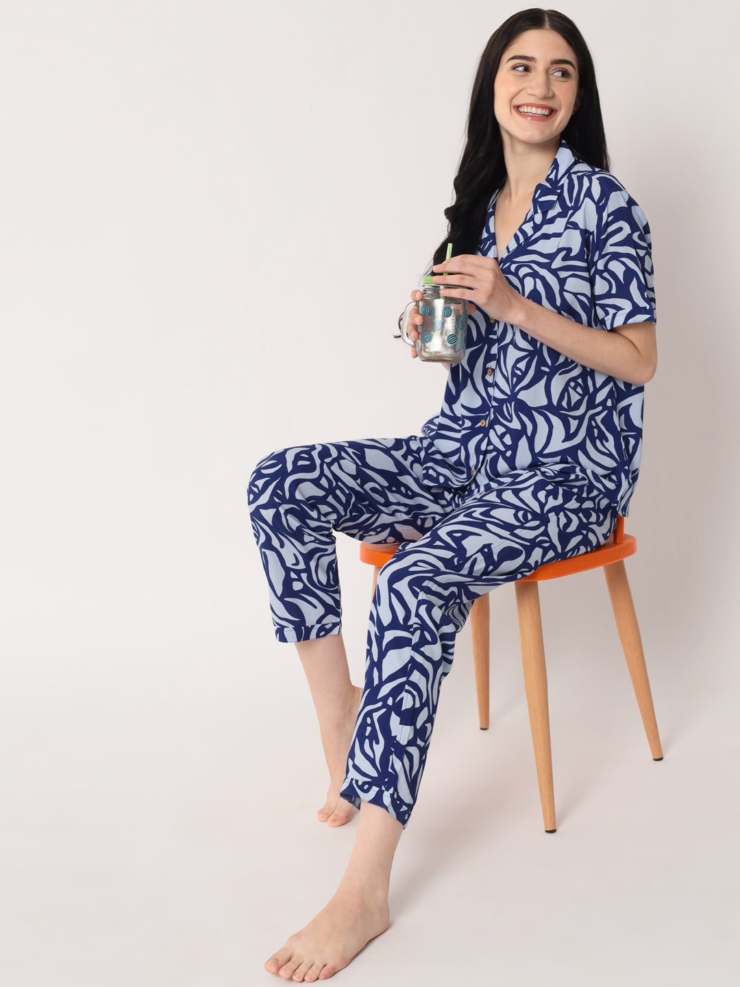 Indigo Blue Printed - Collared Shirt and Long Pajama Set