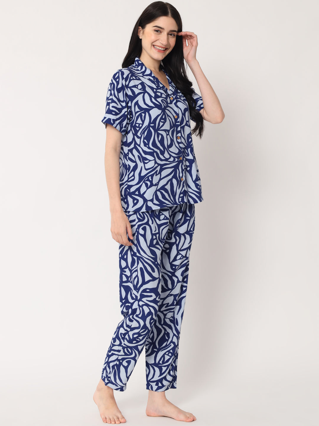 Indigo Blue Printed - Collared Shirt and Long Pajama Set
