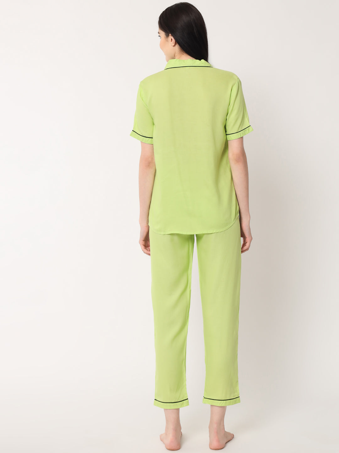 Parrot Green - Collared Solid Shirt and Long Pajama Set