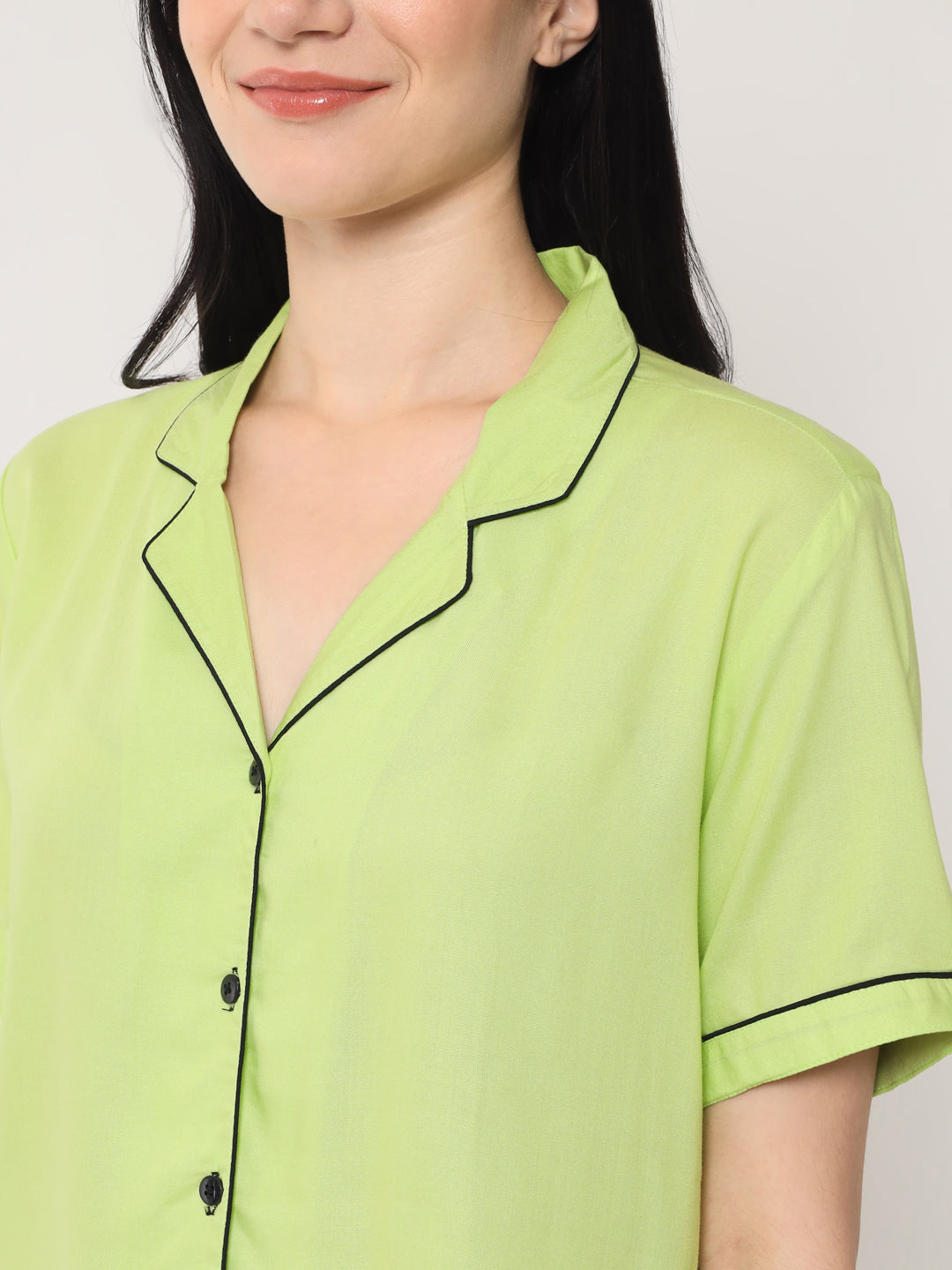 Parrot Green - Collared Solid Shirt and Long Pajama Set