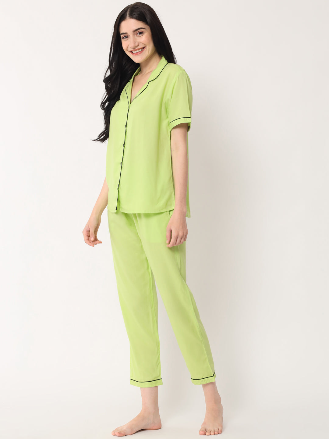 Parrot Green - Collared Solid Shirt and Long Pajama Set