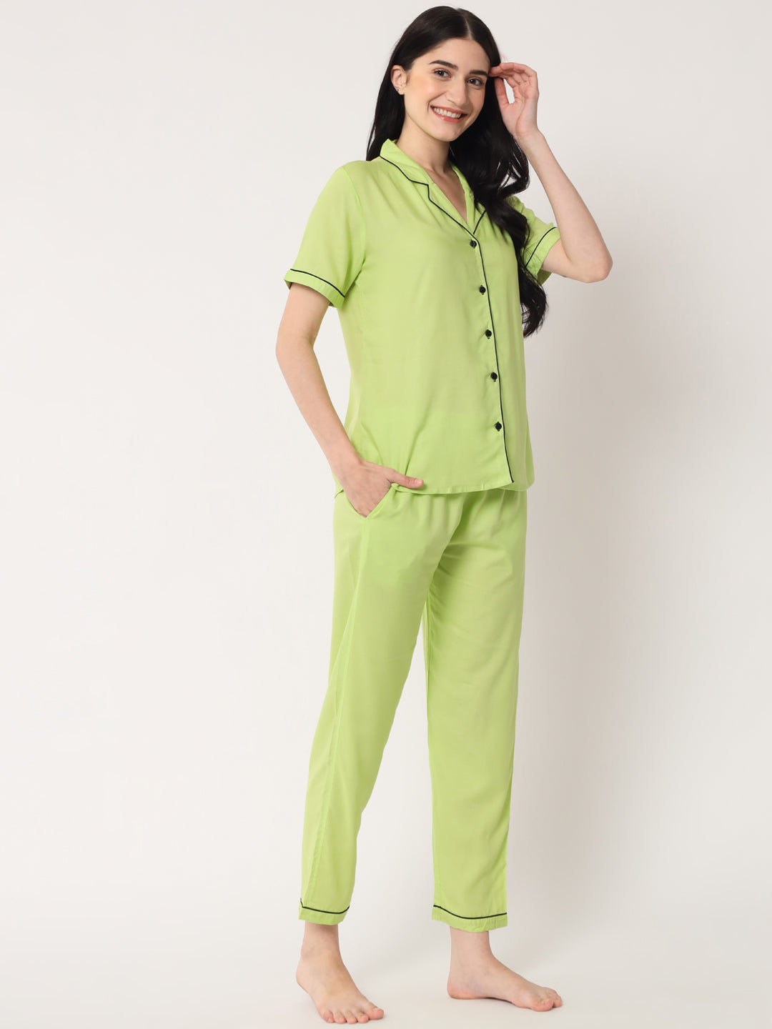 Parrot Green - Collared Solid Shirt and Long Pajama Set