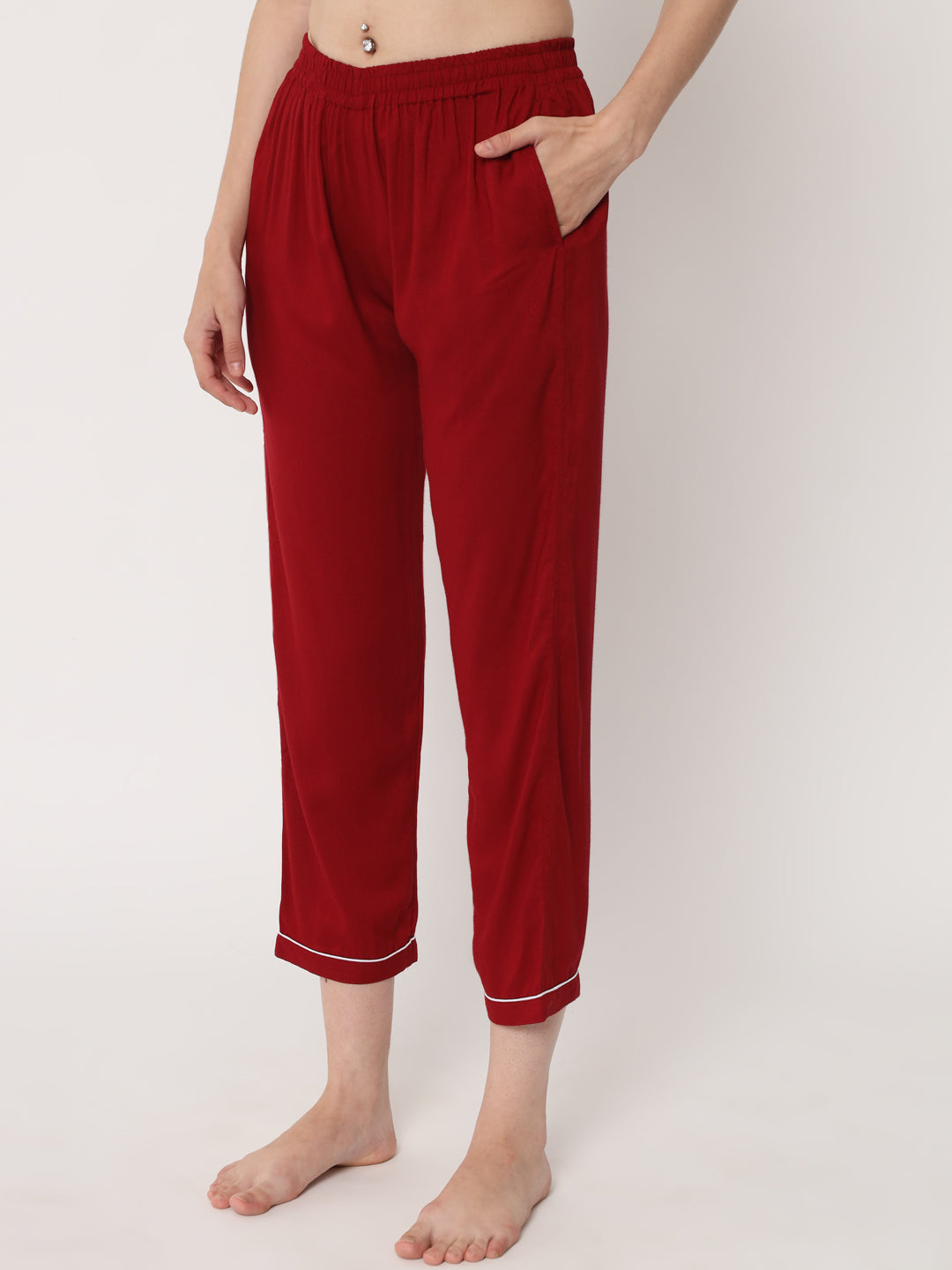 Maroon - Collared Solid Shirt and Long Pajama Set