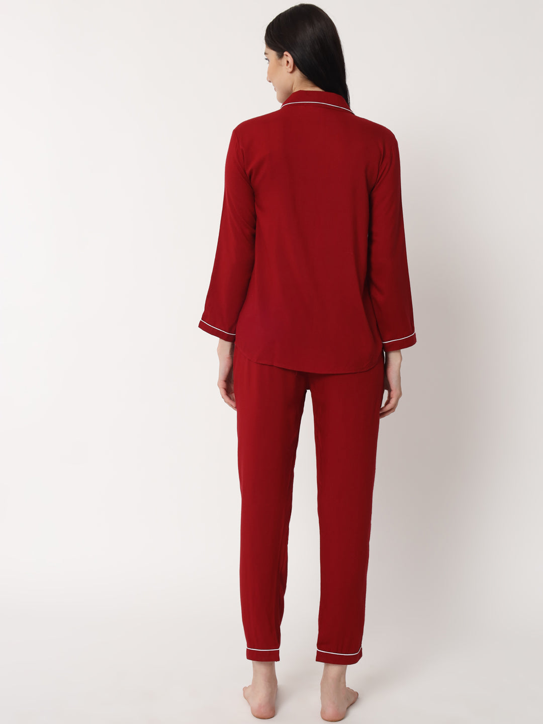 Maroon - Collared Solid Shirt and Long Pajama Set