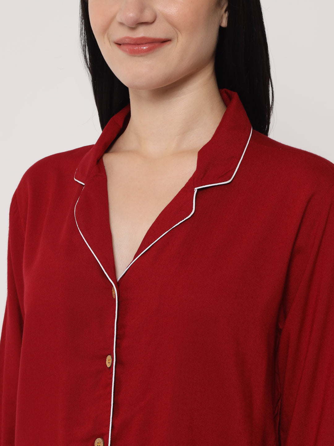 Maroon - Collared Solid Shirt and Long Pajama Set