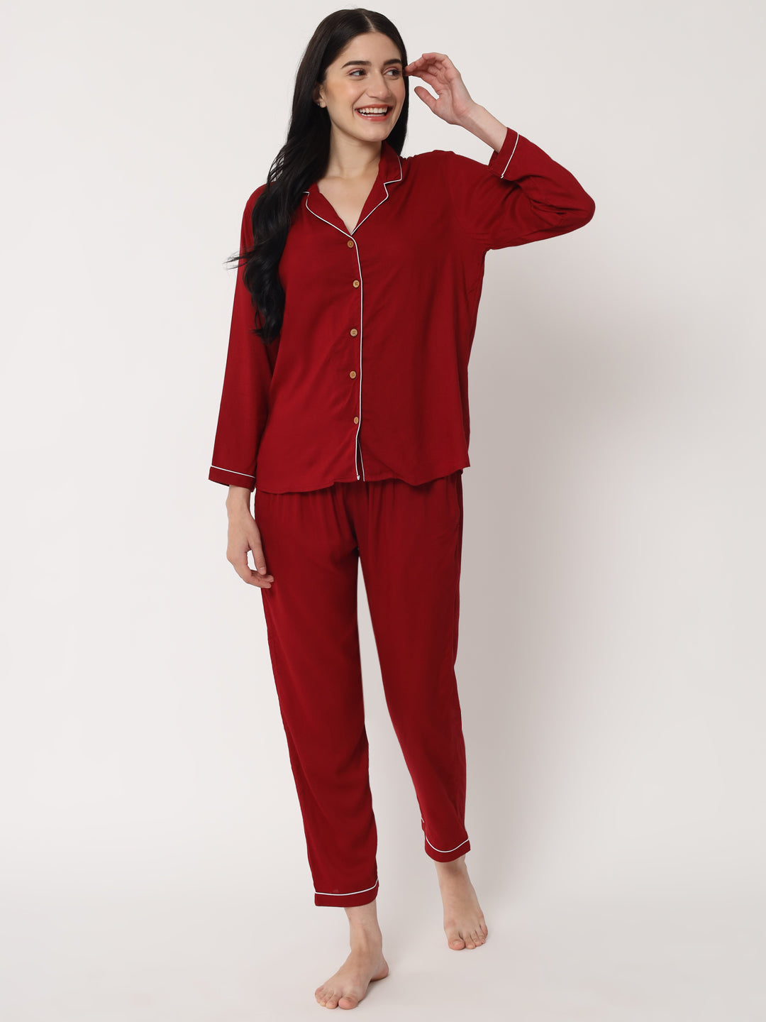 Maroon - Collared Solid Shirt and Long Pajama Set