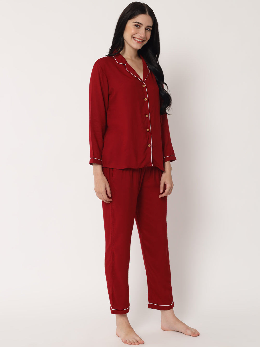 Maroon - Collared Solid Shirt and Long Pajama Set