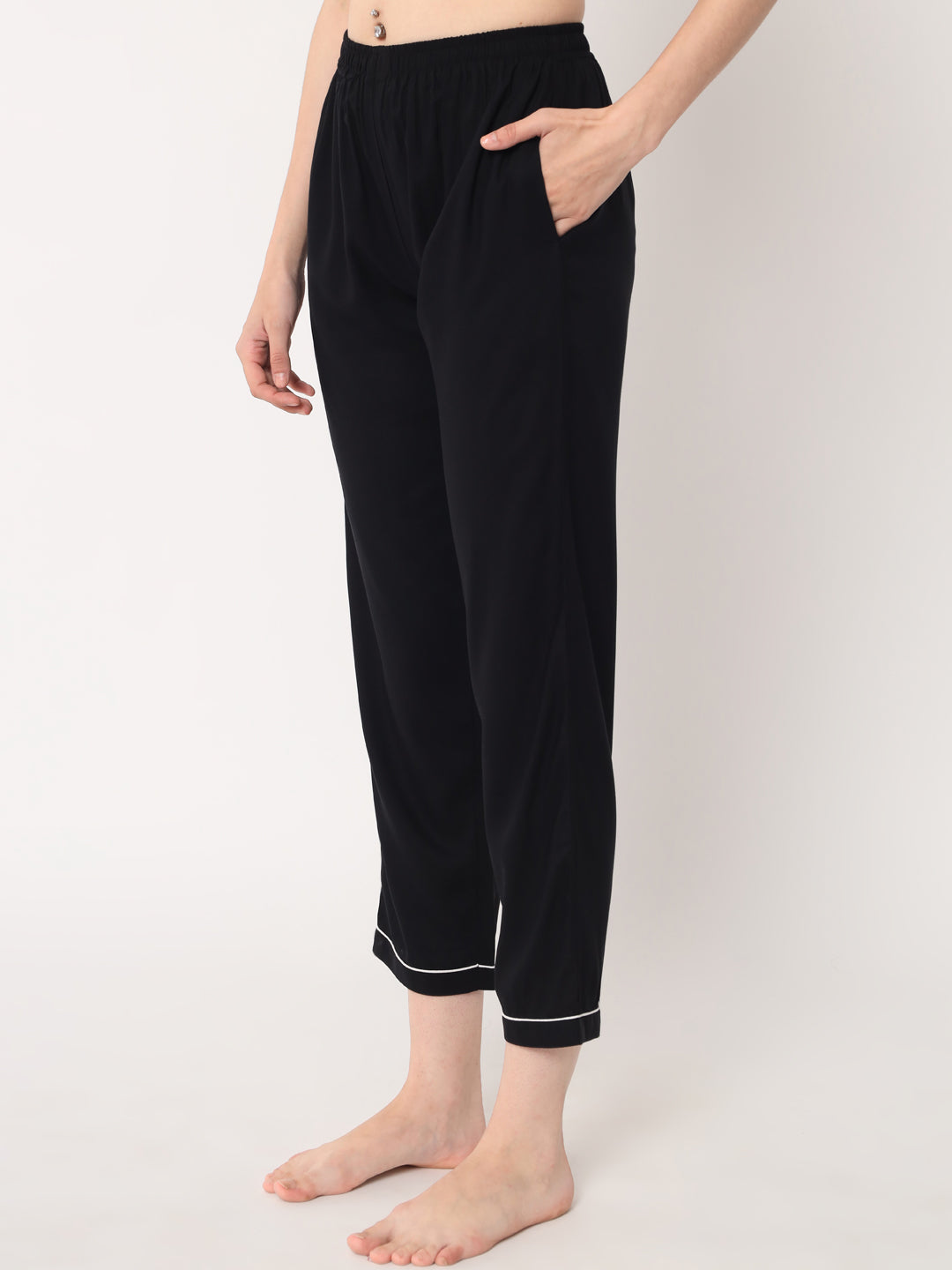 Black - Collared Solid Shirt and Long Pajama Set