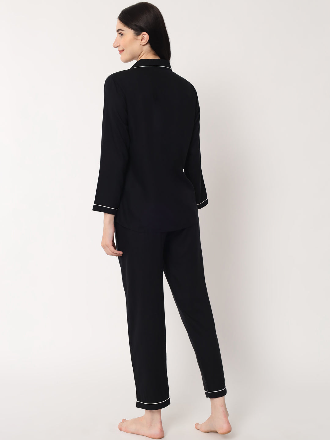 Black - Collared Solid Shirt and Long Pajama Set