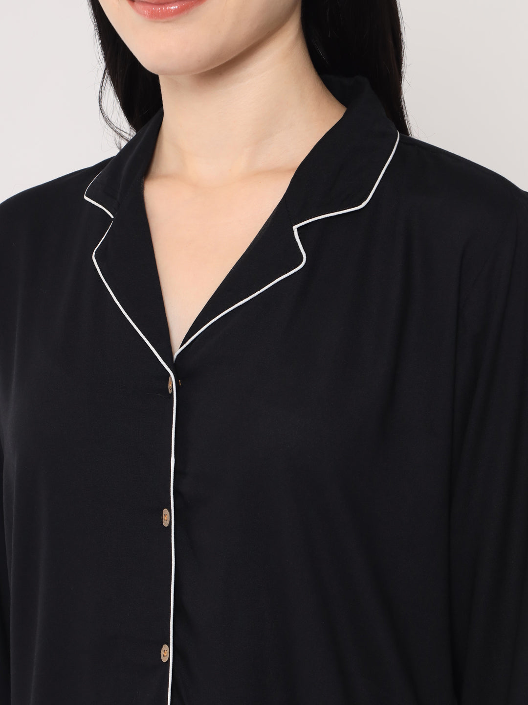 Black - Collared Solid Shirt and Long Pajama Set