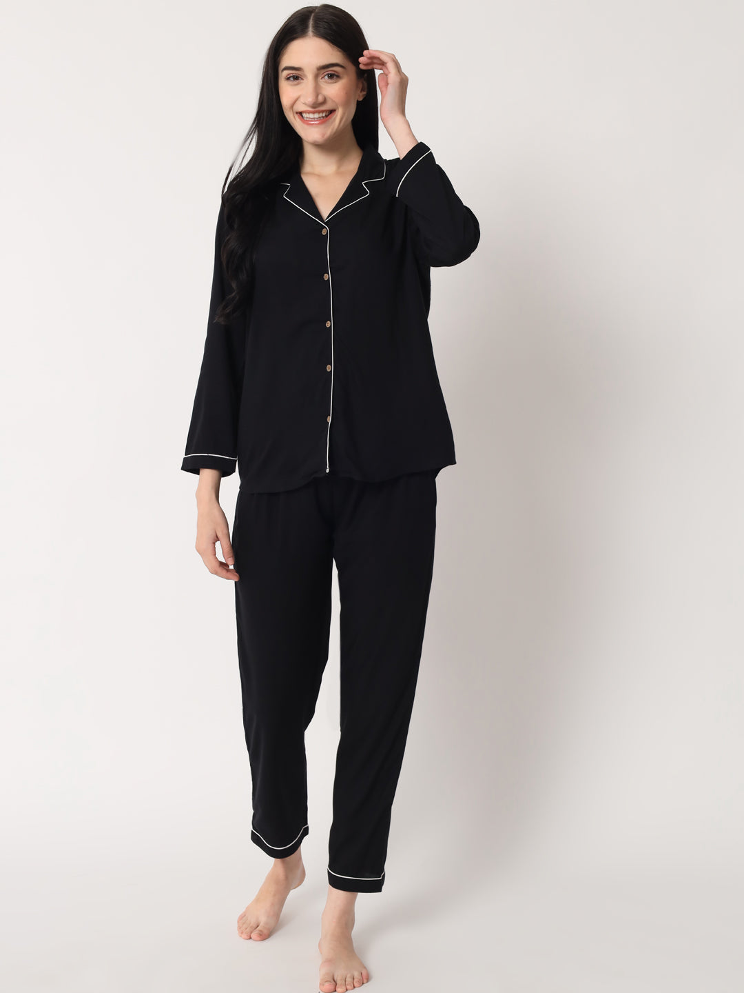 Black - Collared Solid Shirt and Long Pajama Set