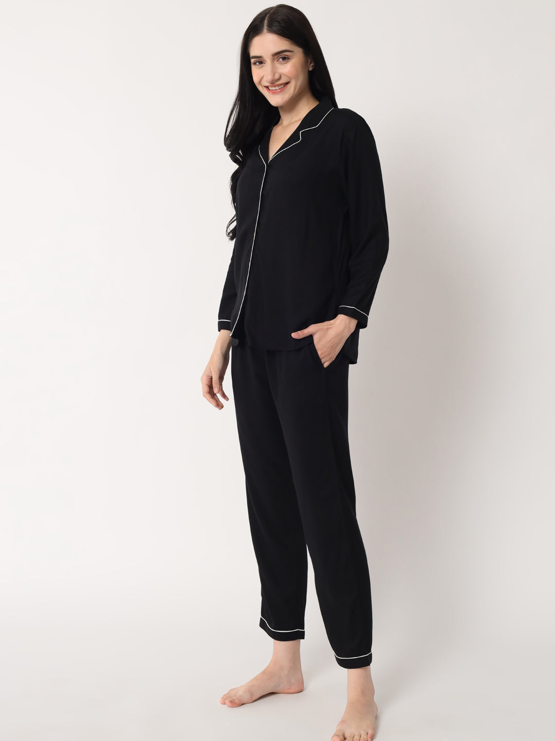 Black - Collared Solid Shirt and Long Pajama Set