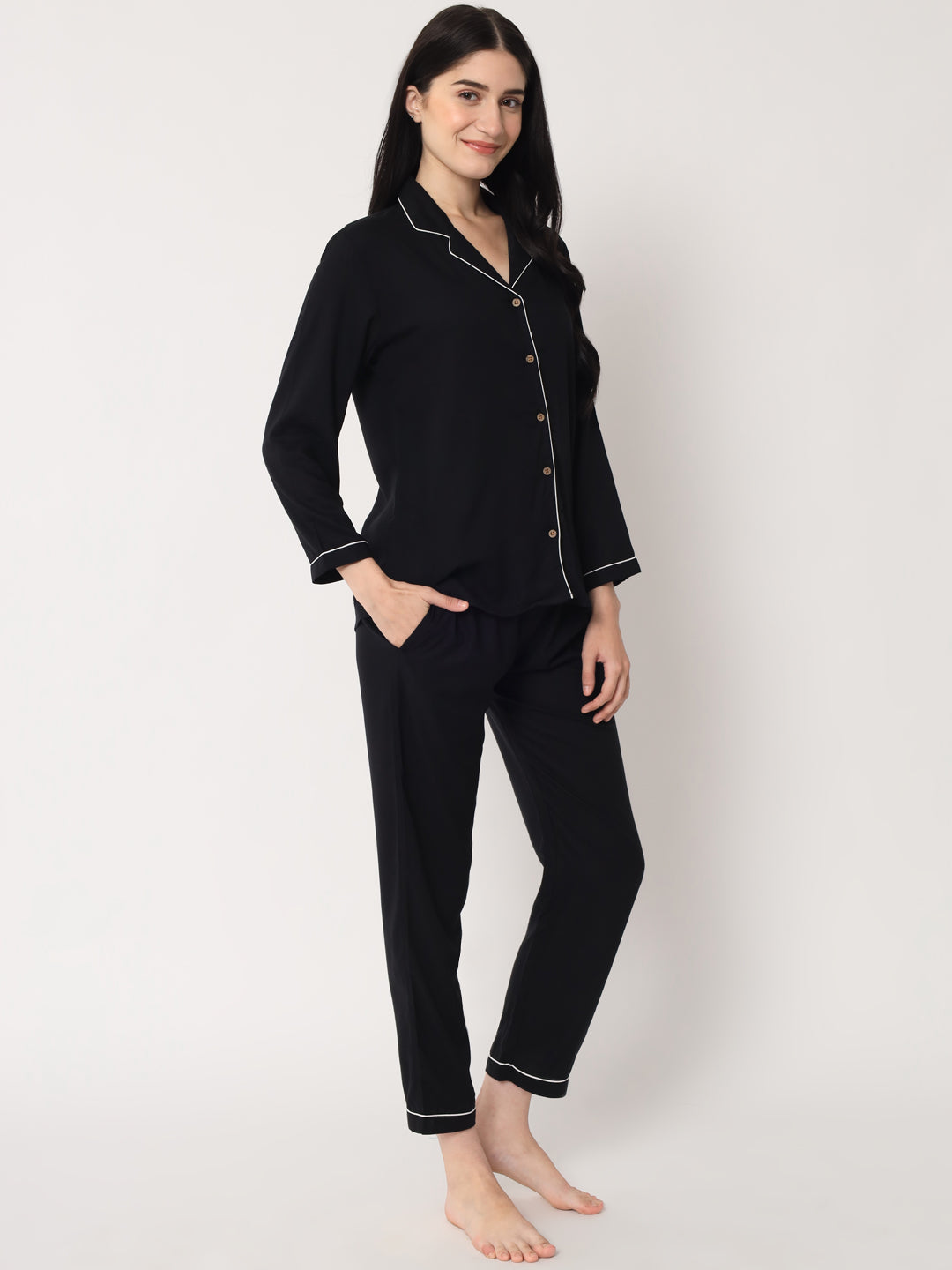 Black - Collared Solid Shirt and Long Pajama Set