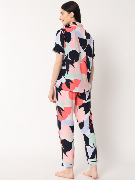 Multicolor - Collared Shirt and Long Pajama Set