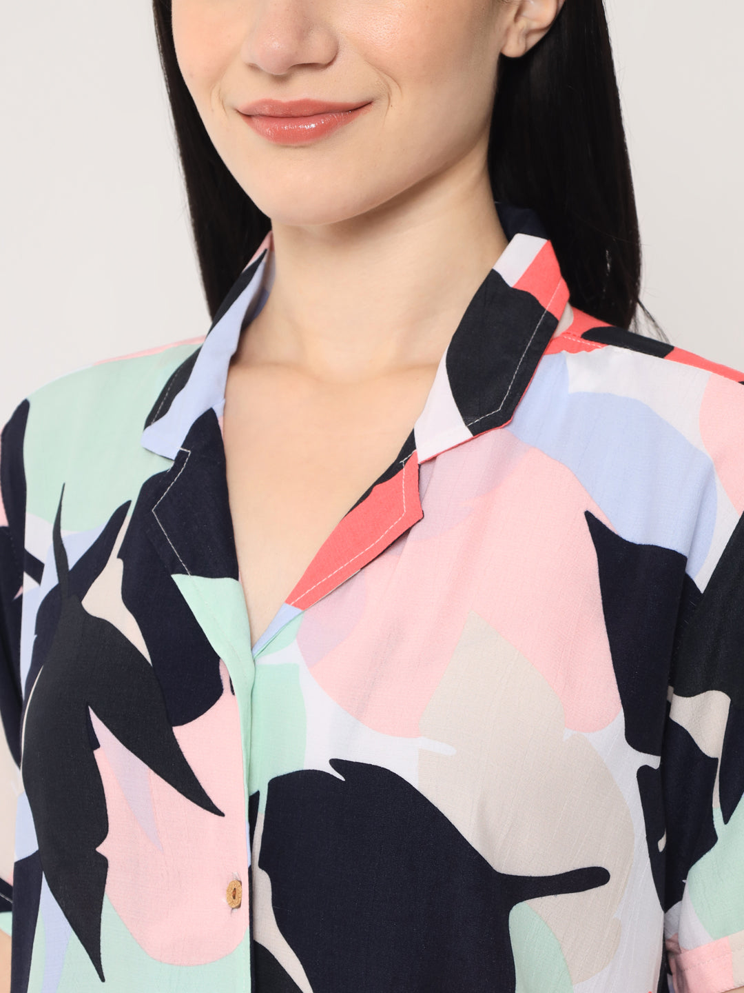 Multicolor - Collared Shirt and Long Pajama Set