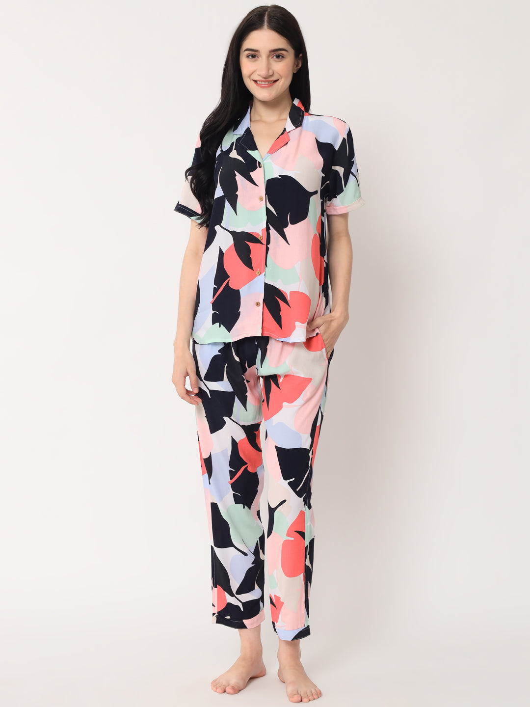 Multicolor - Collared Shirt and Long Pajama Set