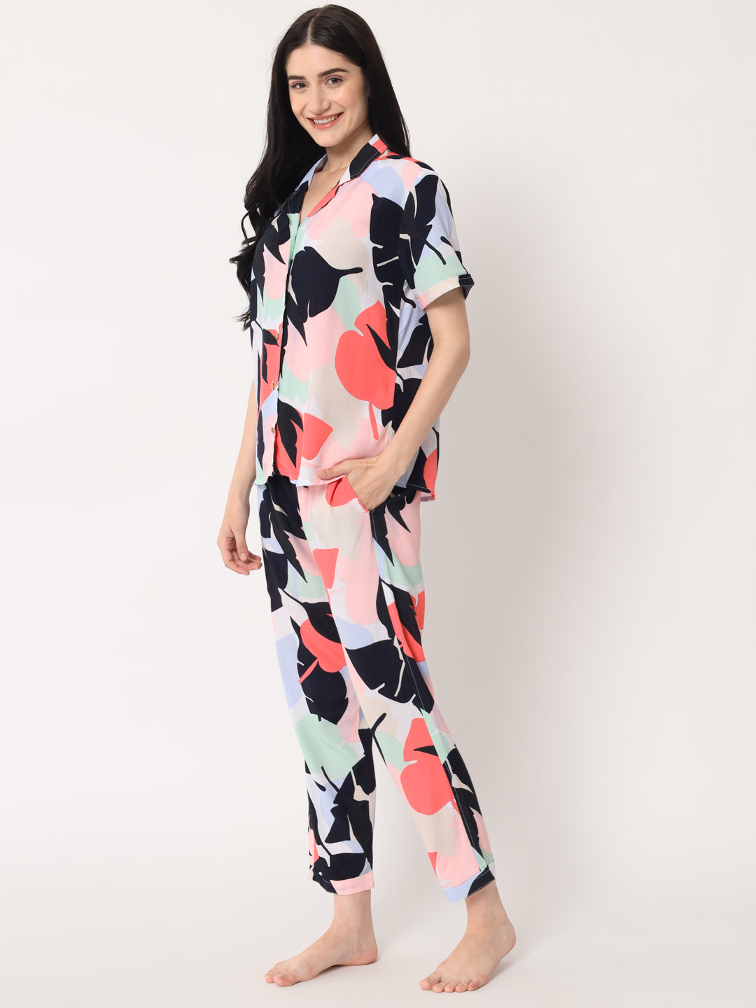 Multicolor - Collared Shirt and Long Pajama Set