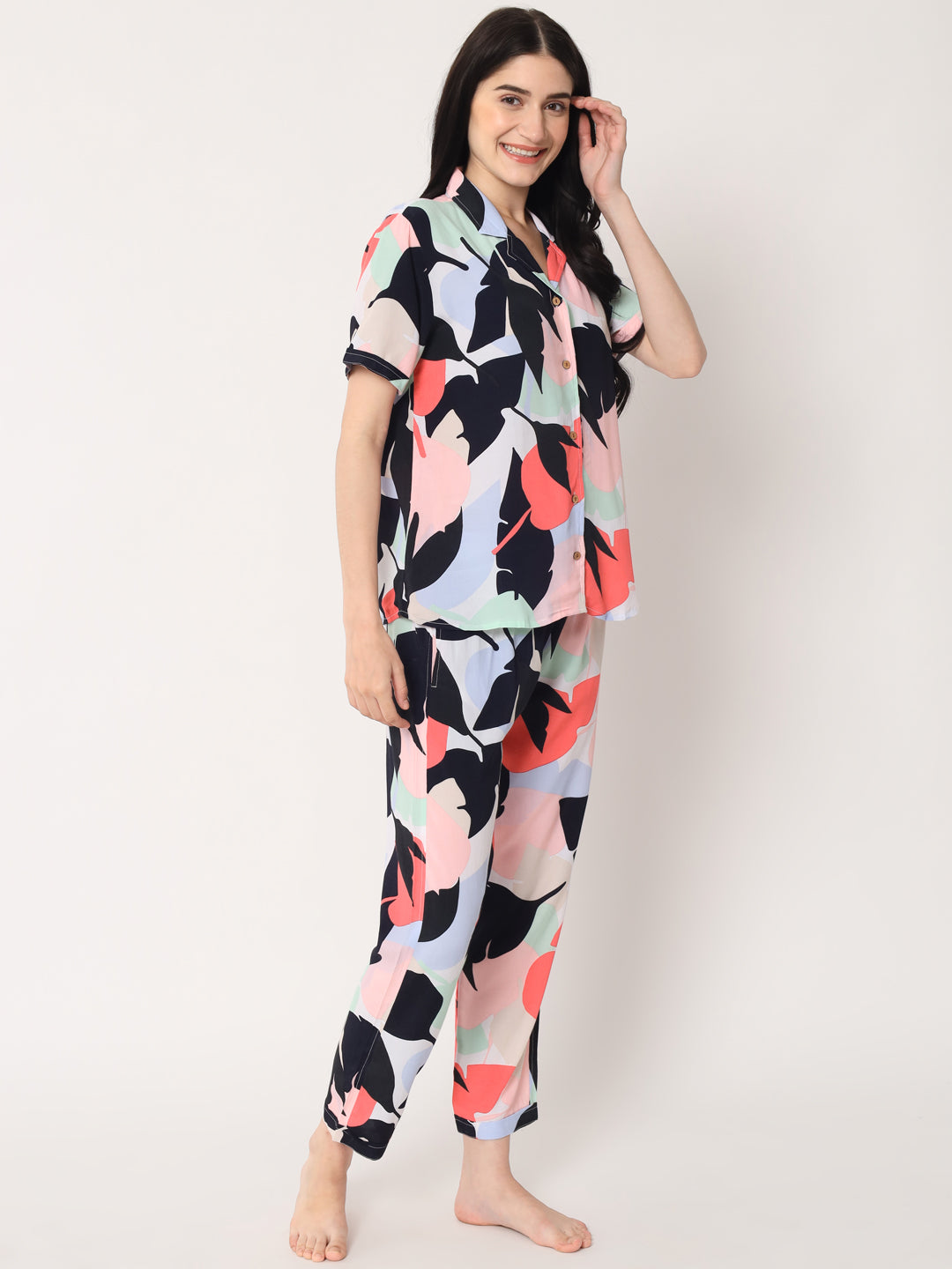 Multicolor - Collared Shirt and Long Pajama Set