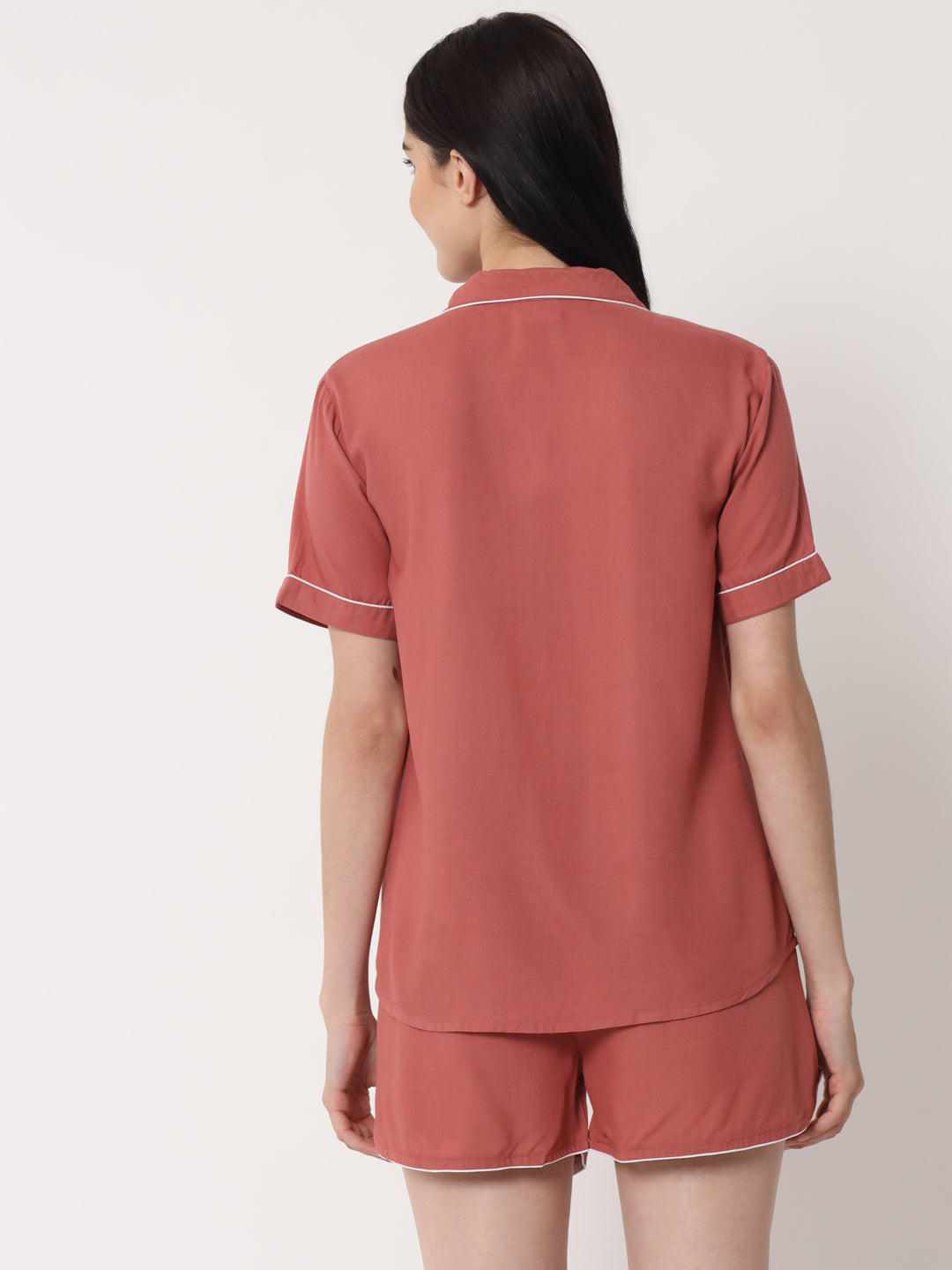 Coral Pink - Collared Solid Shirt and Shorts Set