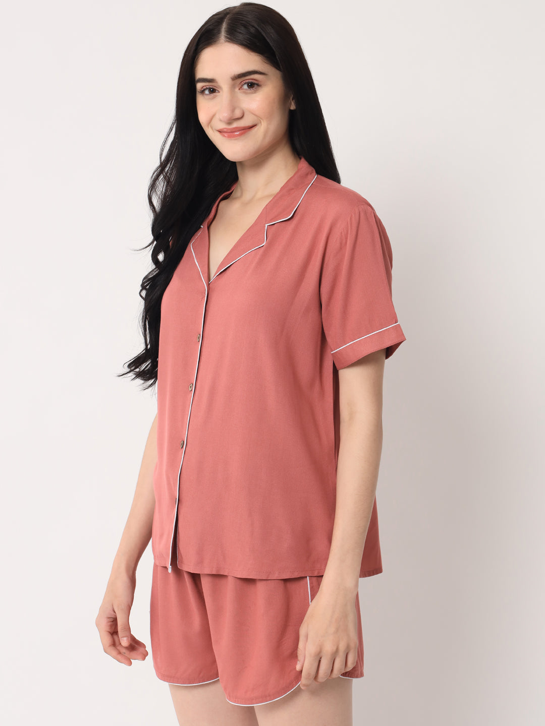 Coral Pink - Collared Solid Shirt and Shorts Set