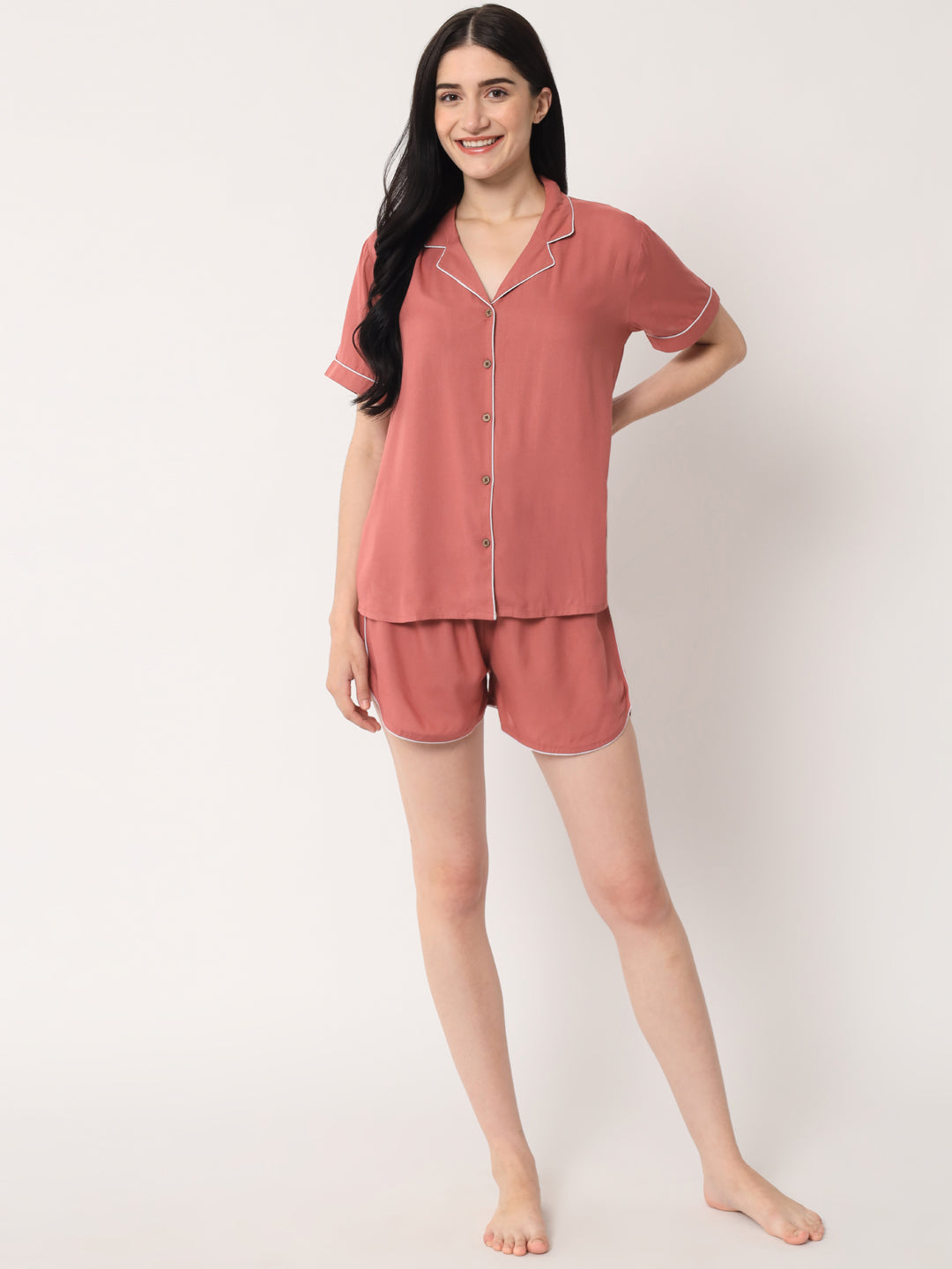 Coral Pink - Collared Solid Shirt and Shorts Set