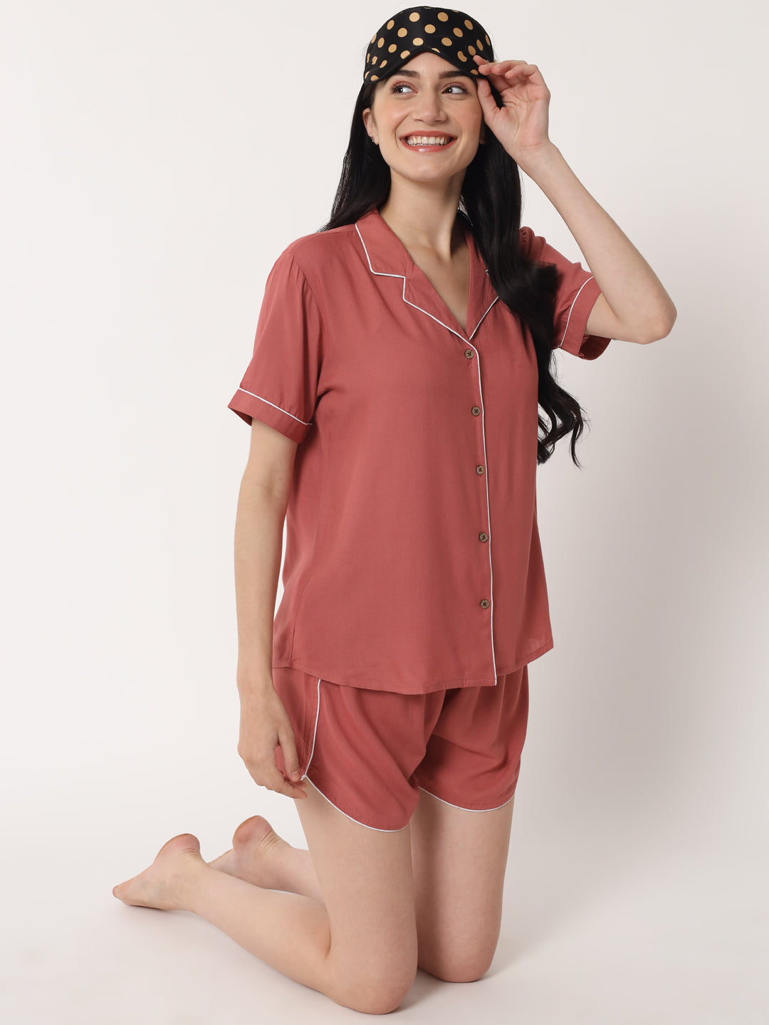 Coral Pink - Collared Solid Shirt and Shorts Set