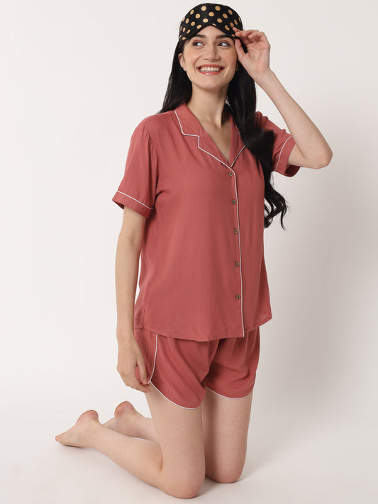 Coral Pink - Collared Solid Shirt and Shorts Set