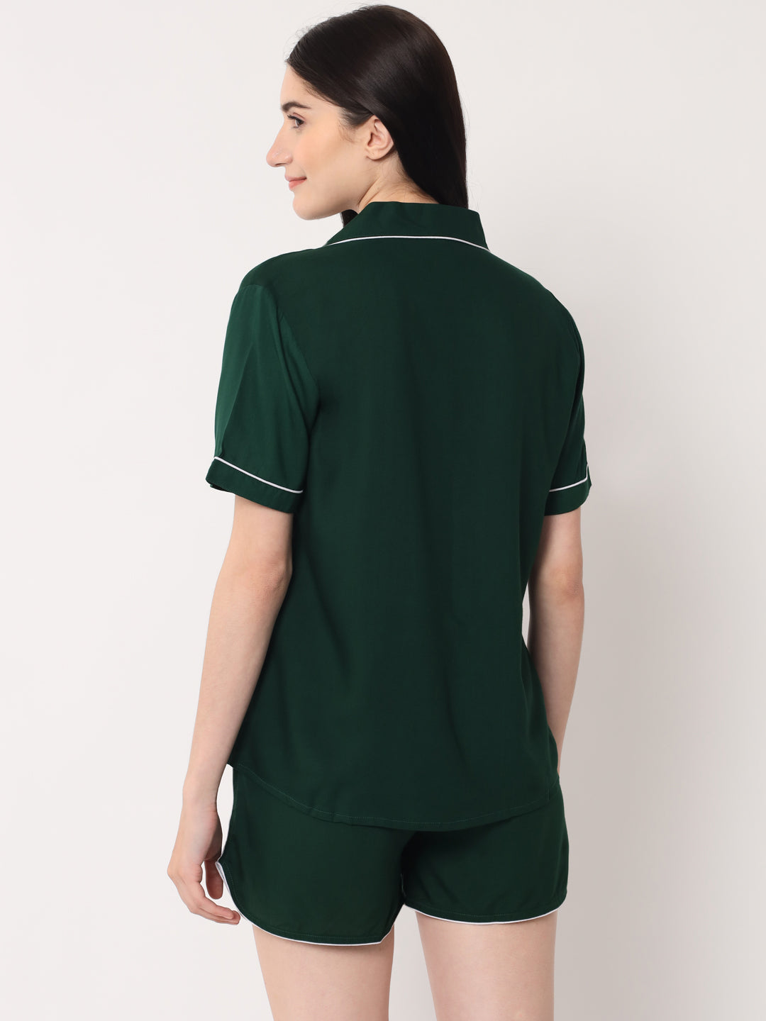 Dark Green - Collared Solid Shirt and Shorts Set