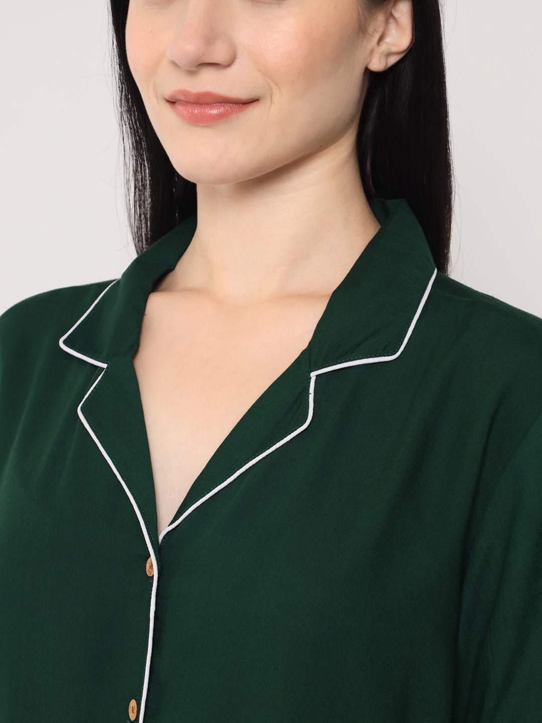 Dark Green - Collared Solid Shirt and Shorts Set