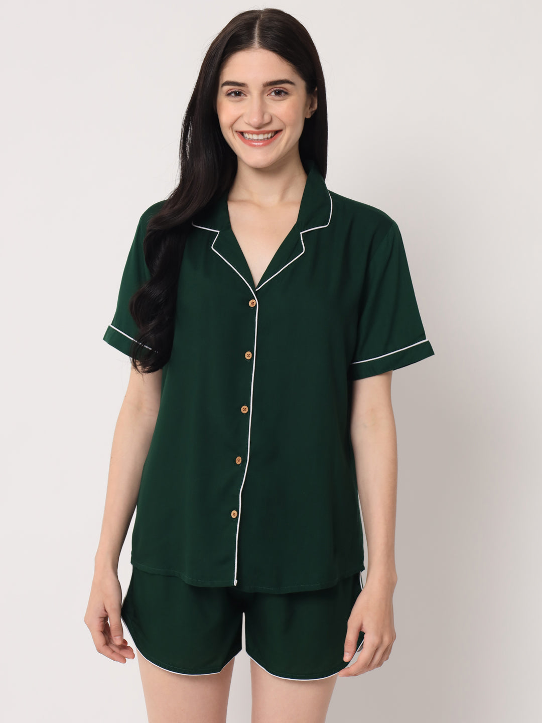 Dark Green - Collared Solid Shirt and Shorts Set