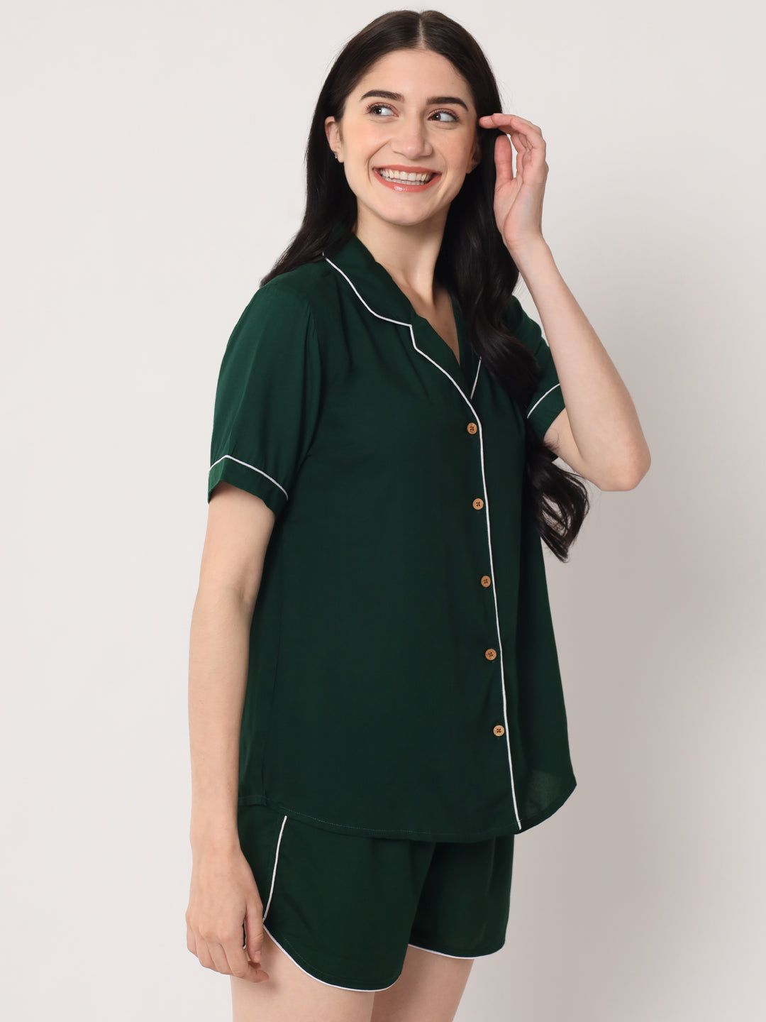 Dark Green - Collared Solid Shirt and Shorts Set
