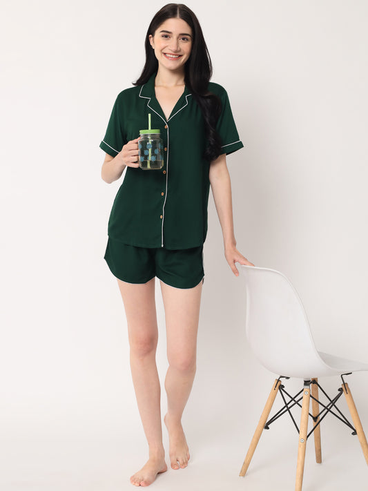 Dark Green - Collared Solid Shirt and Shorts Set