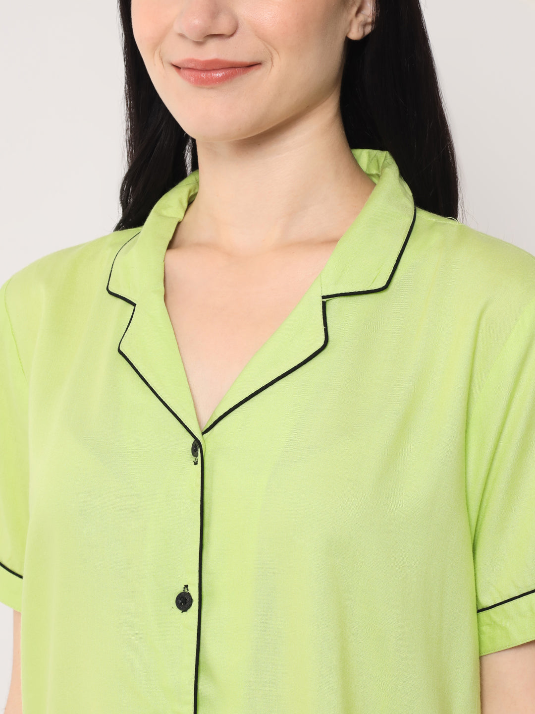 Parrot Green - Collared Solid Shirt and Shorts Set