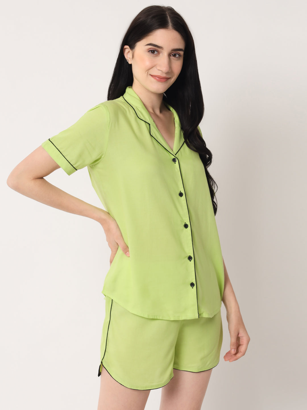 Parrot Green - Collared Solid Shirt and Shorts Set