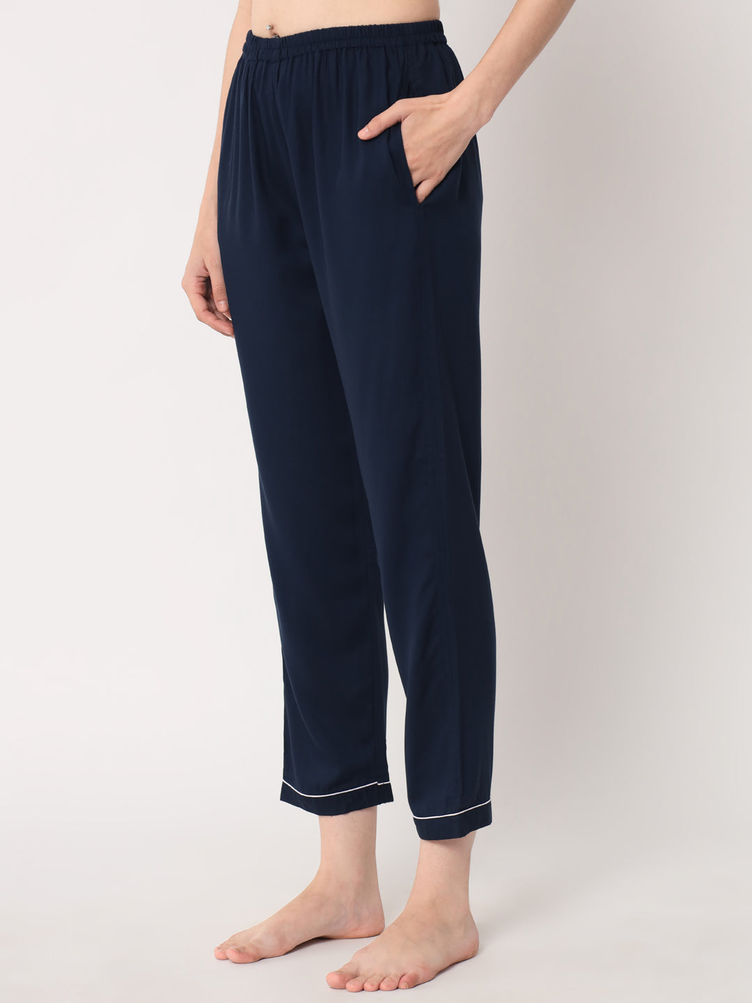 Navy Blue - Collared Solid Shirt and Long Pajama Set