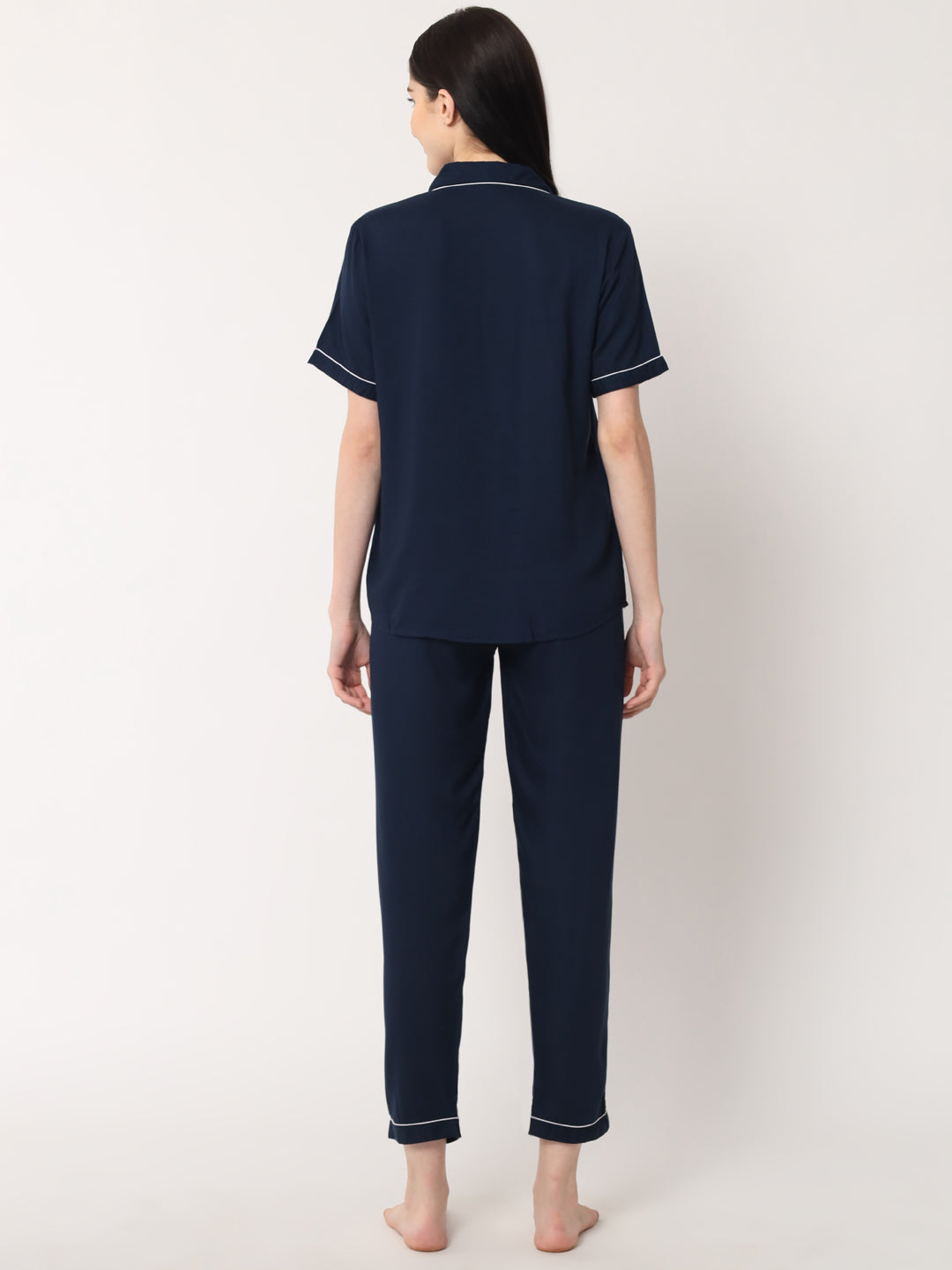 Navy Blue - Collared Solid Shirt and Long Pajama Set