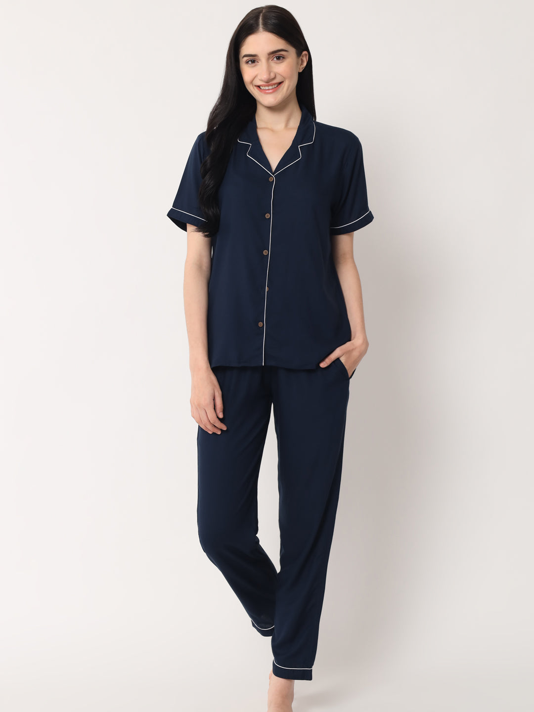 Navy Blue - Collared Solid Shirt and Long Pajama Set