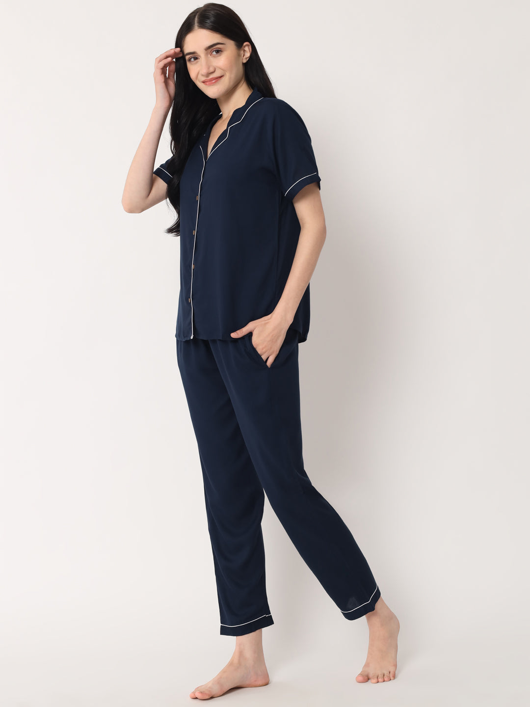 Navy Blue - Collared Solid Shirt and Long Pajama Set