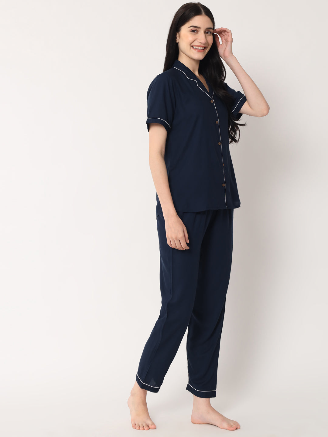 Navy Blue - Collared Solid Shirt and Long Pajama Set